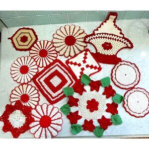 VTG Crochet Doilies Pot Holders Reds & Whites ~ Lot Of 13 ~ Handmade